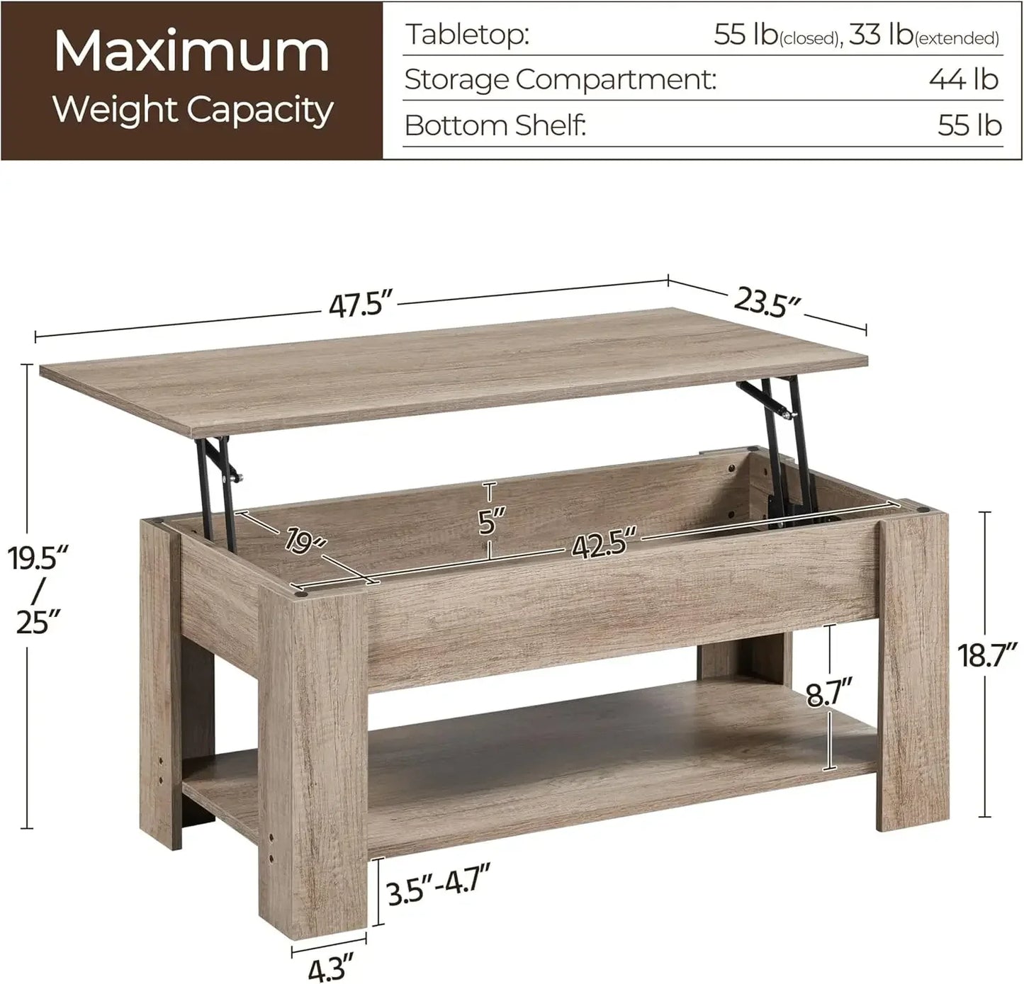 XMSJ Lift Top Coffee Table With Hidden Compartment And Rising Tabletop For Living Room