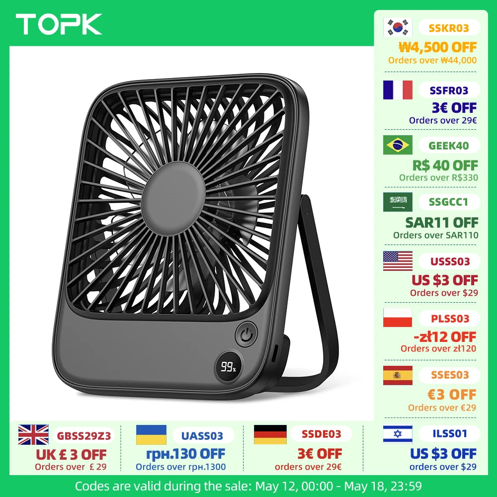 TOPK Rechargeable Portable Fan 2000mAh USB Desk Fan For Camping