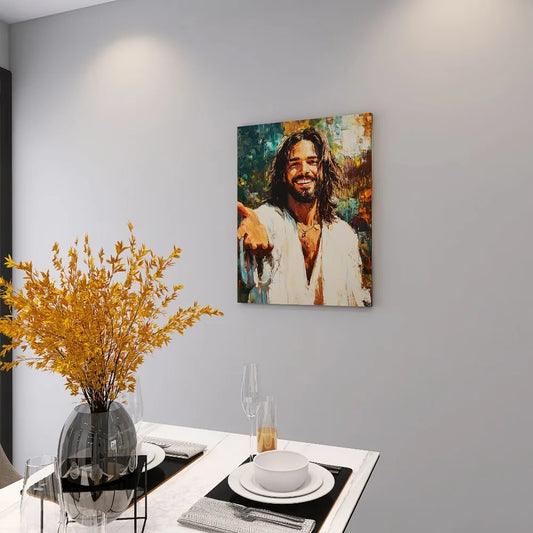 Hign-concerned Jesus Reaching Out Portrait on Pine Frame