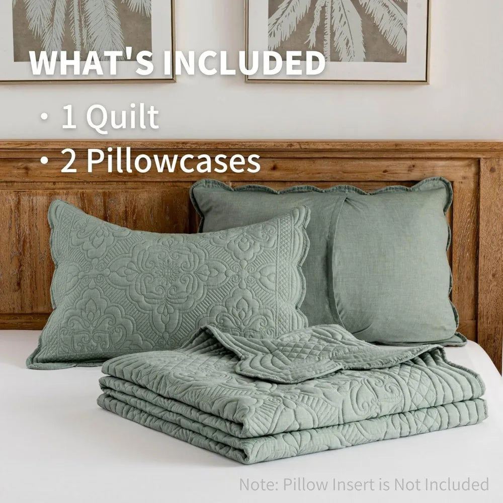 Color Embroidered Quilt Set 3 Piece Washed Cotton Reversible