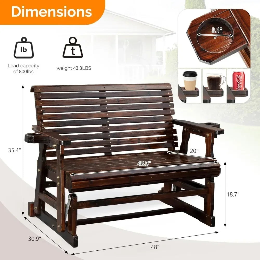 Durable Wooden Patio Glider Chair With Built-In Cup Holders