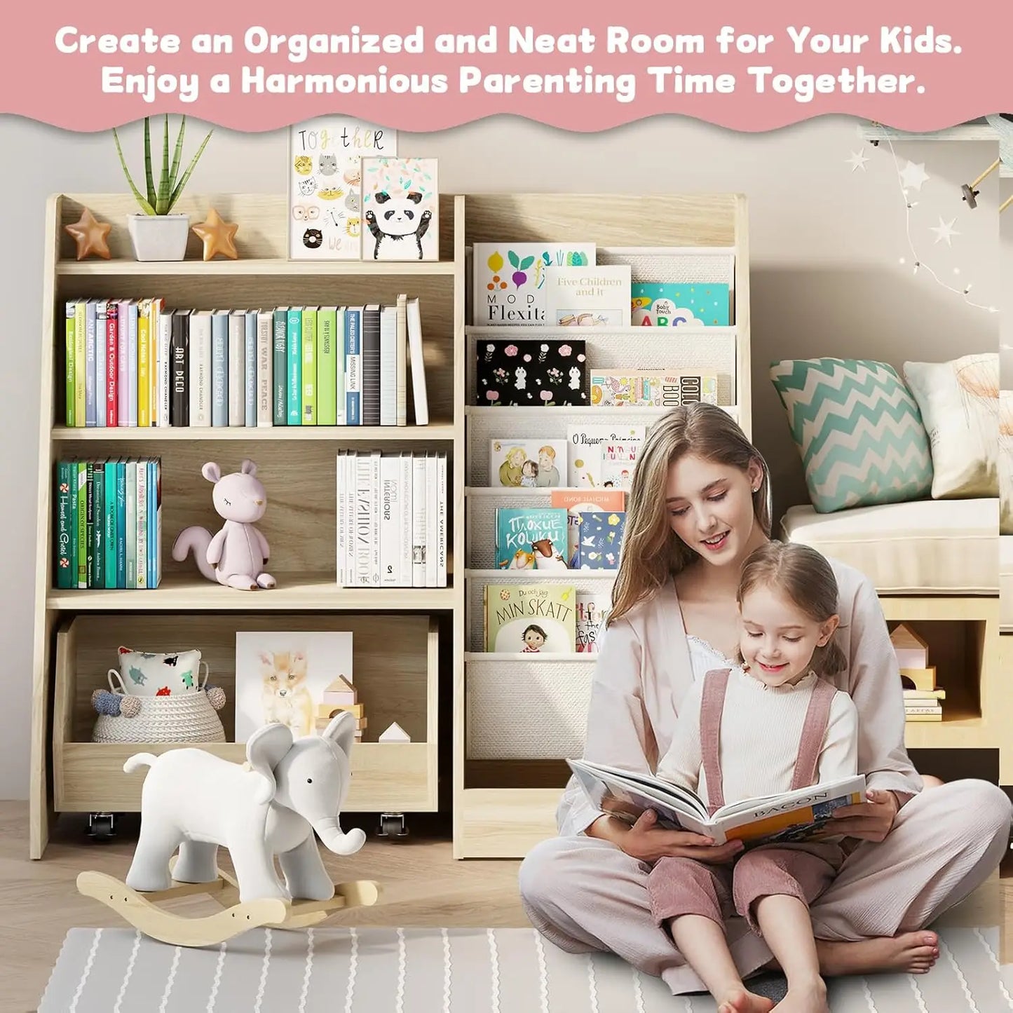 4 Tier Kids Bookshelf With Movable Drawer 5 Pockets Montessori