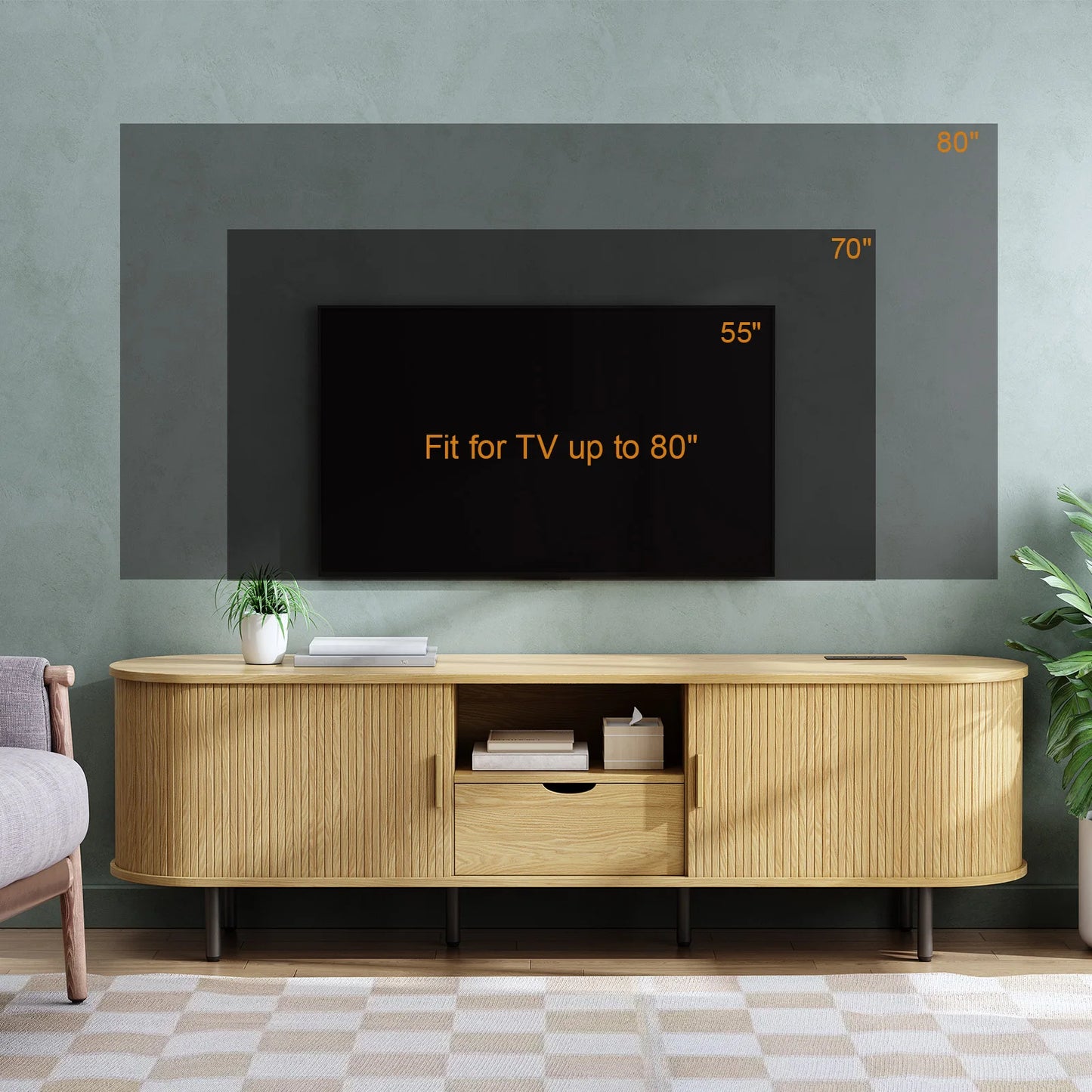 TV Stand With Power Outlet, Storage Drawer And Adjustable Shelves