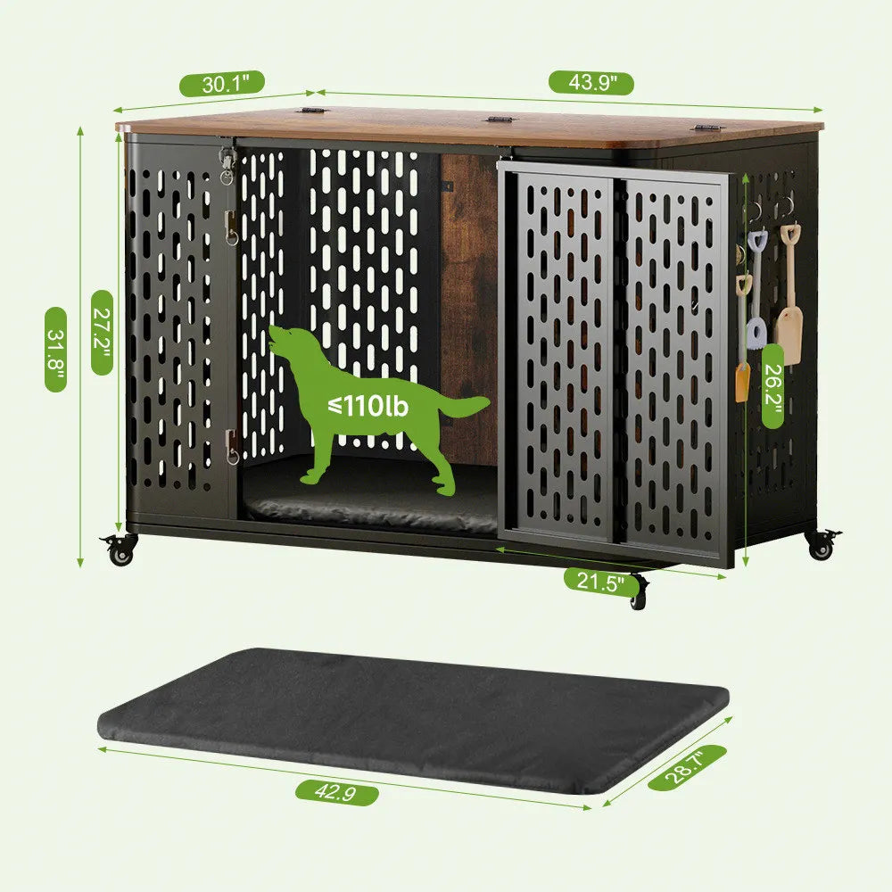 ONBRILL Wood Dog Kennel Cage With Cushion And Wheels