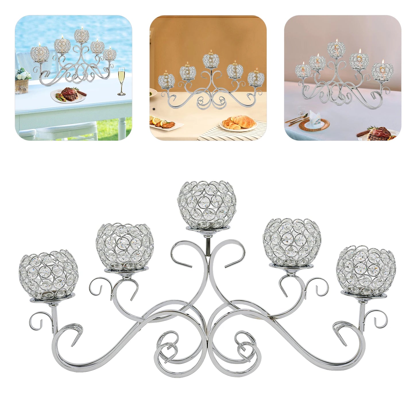 Candle 5-Arm Crystal Candle Holder Iron and K9 Crystal Stand