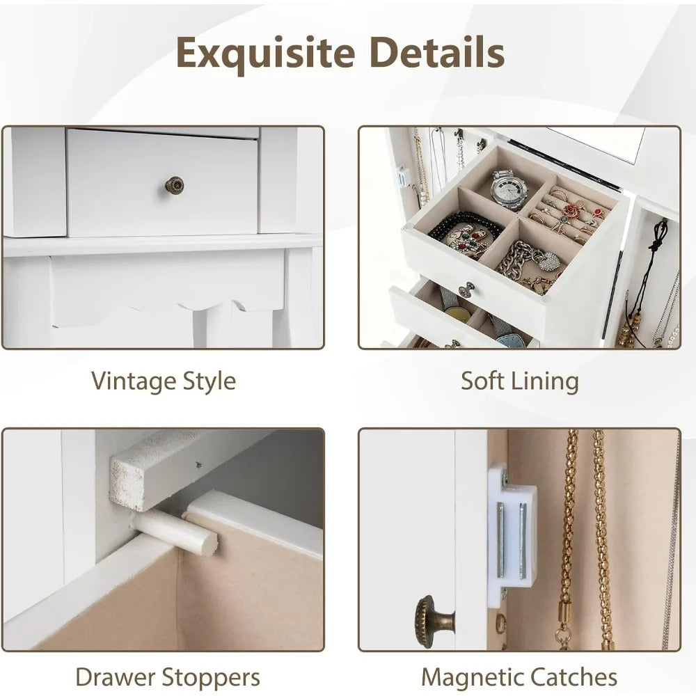 Standing Jewelry Armoire Cabinet 4 Drawers And Flip Top Mirror