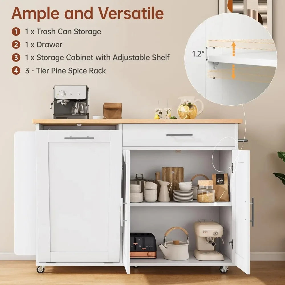 Mobile Kitchen Island On Wheels With Trash Can Spice Rack