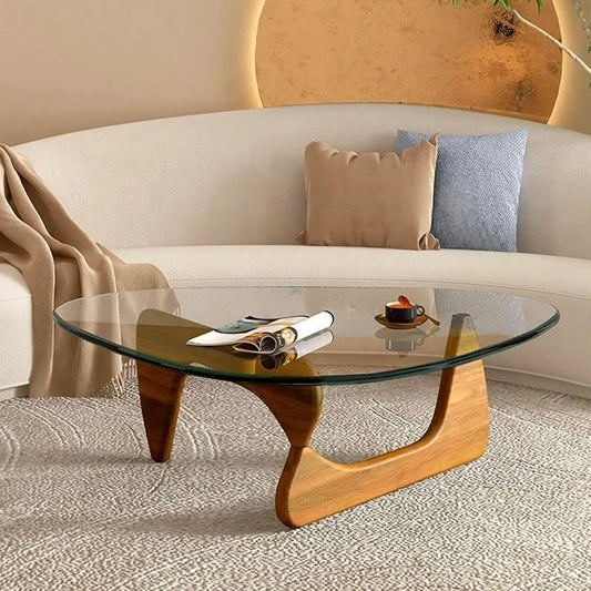 Folded Triangle Glass Coffee Table With Wooden Base