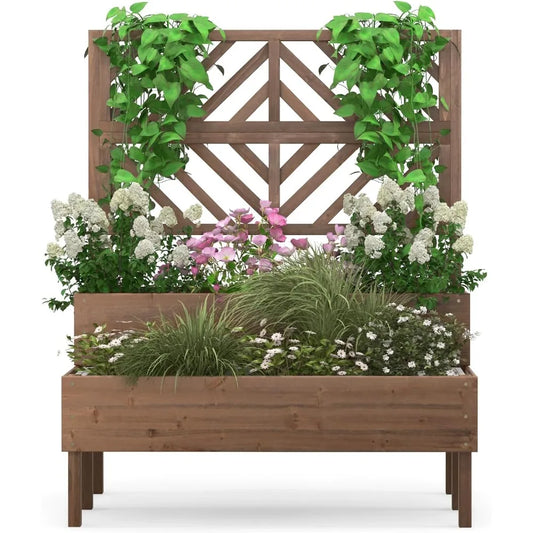 LDAILY Raised Garden Bed With Trellis And Planter Boxes