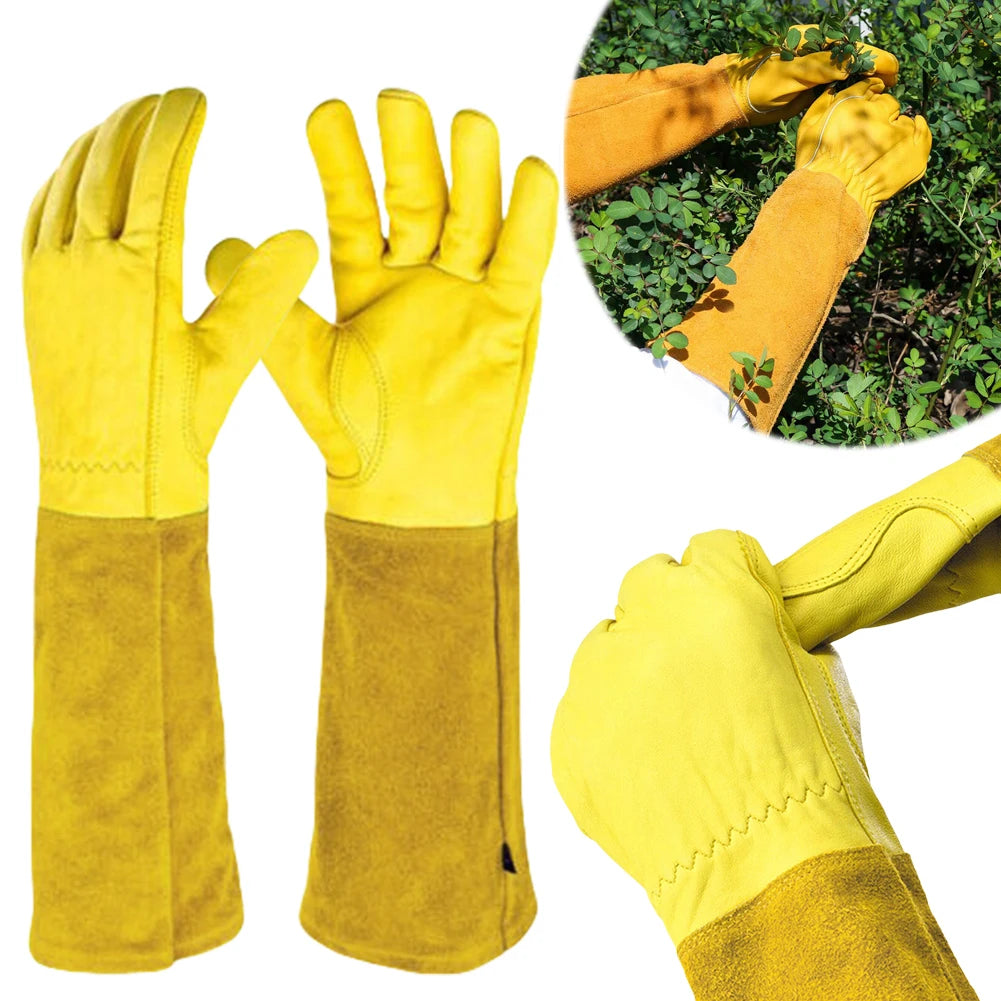 Long Thorn Proof Gardening Gloves With Leather Forearm Protection