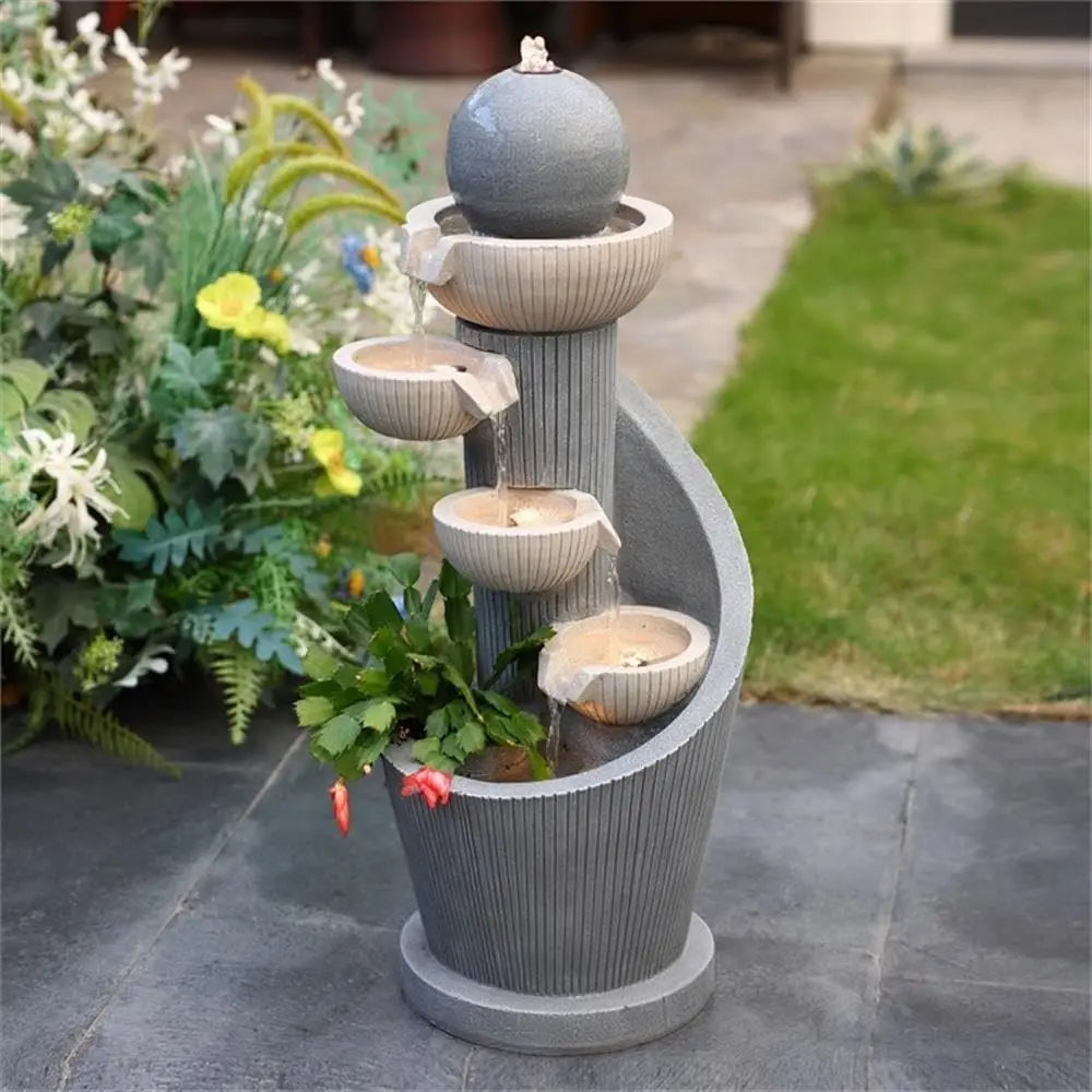Outdoor Water Fountain Resin Cascading With LED Lights Modern Garden