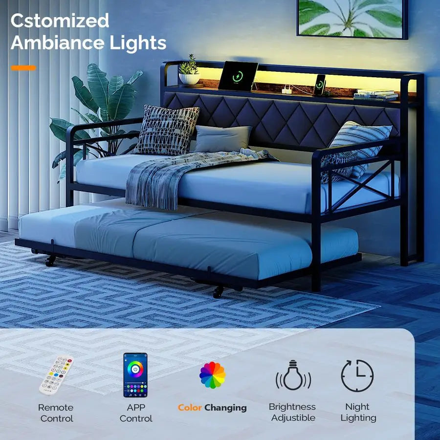 Twin Daybed With Popup Trundle And LED Charging Station Upholstered
