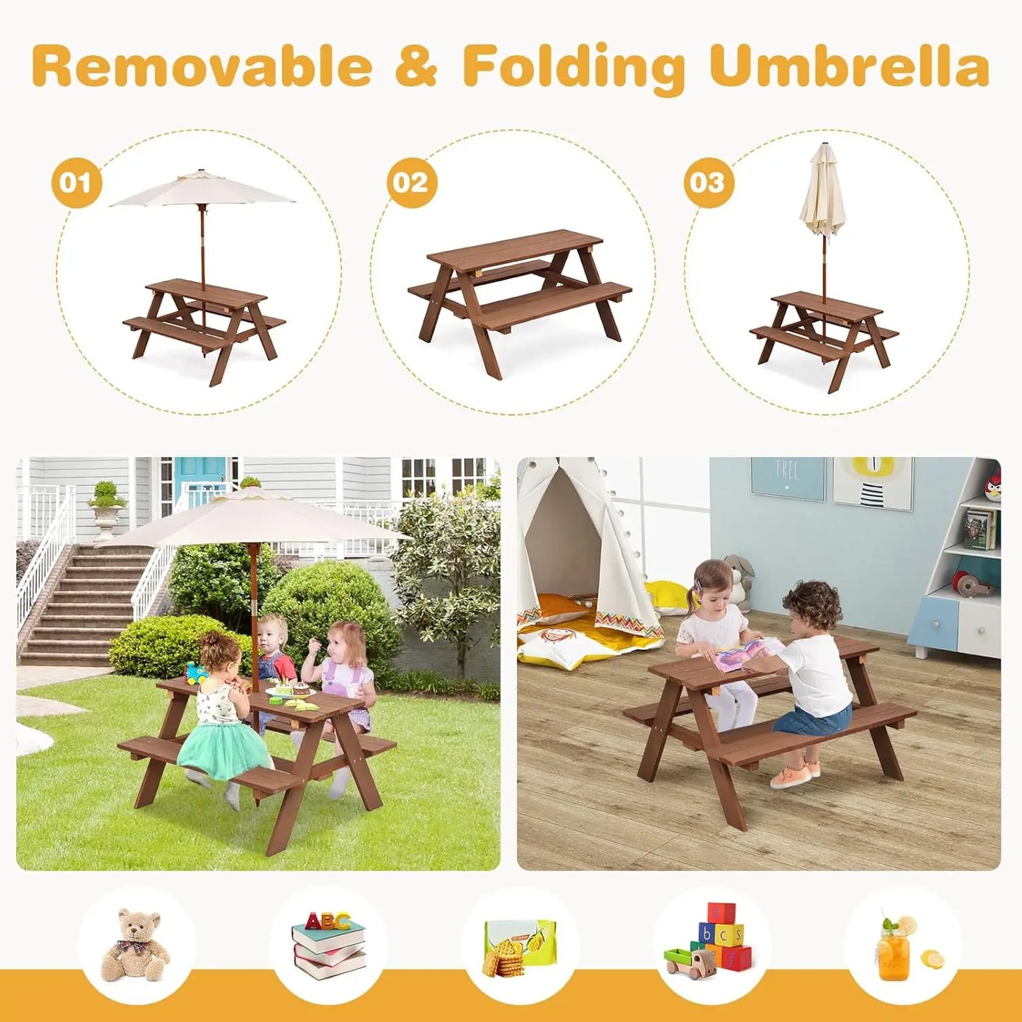 XIAOLANG Kids Picnic Table Outdoor Wooden Bench Set With Umbrella