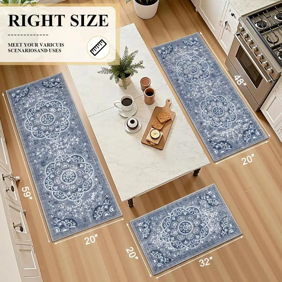 Boho Kitchen Rugs Set With Runner Non Skid Washable