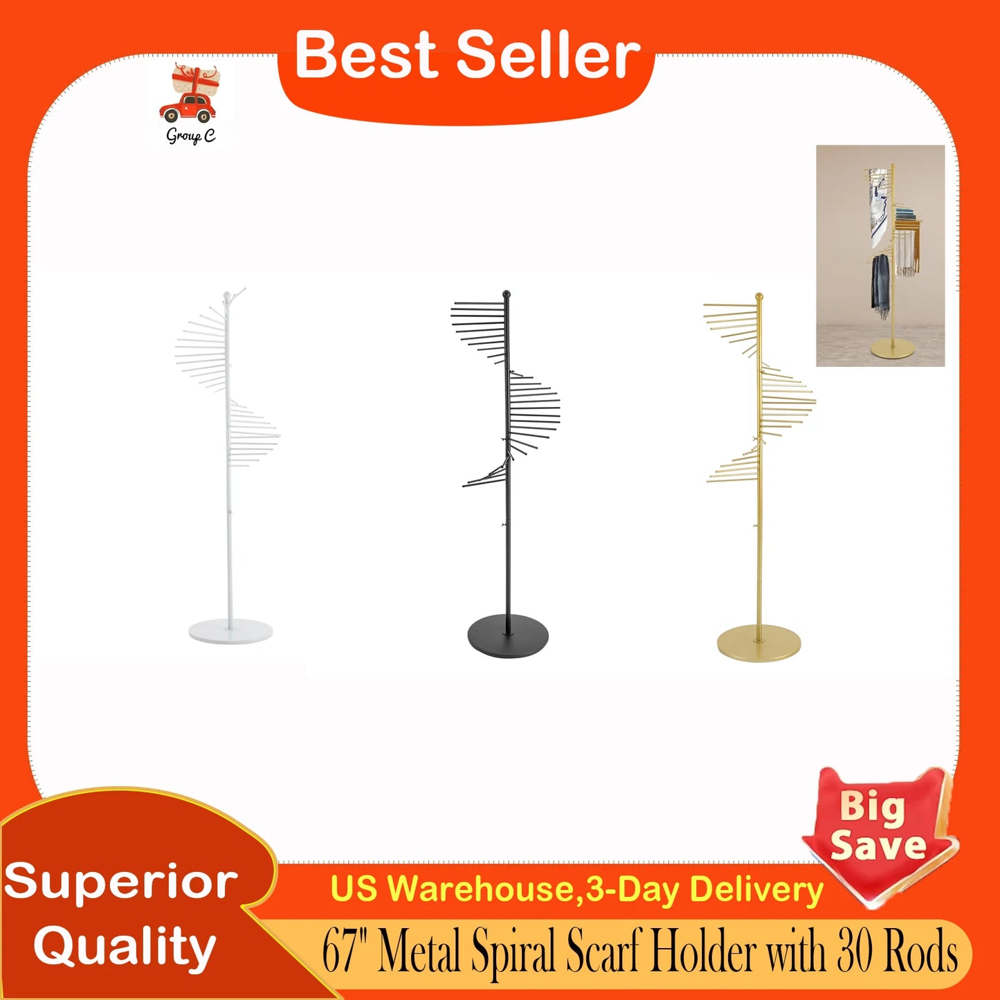 Freestanding Metal Scarf Organizer With 30 Rods For Home