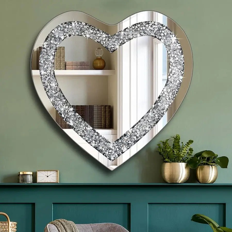 Crystal Crush Diamond Heart Shaped Silver Wall Mirror Frameless