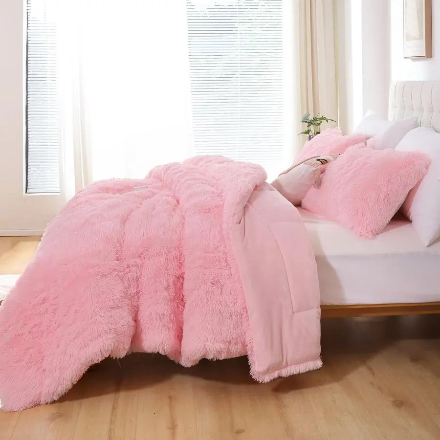 Fluffy Faux Fur Comforter Set Luxury Fuzzy Bedding