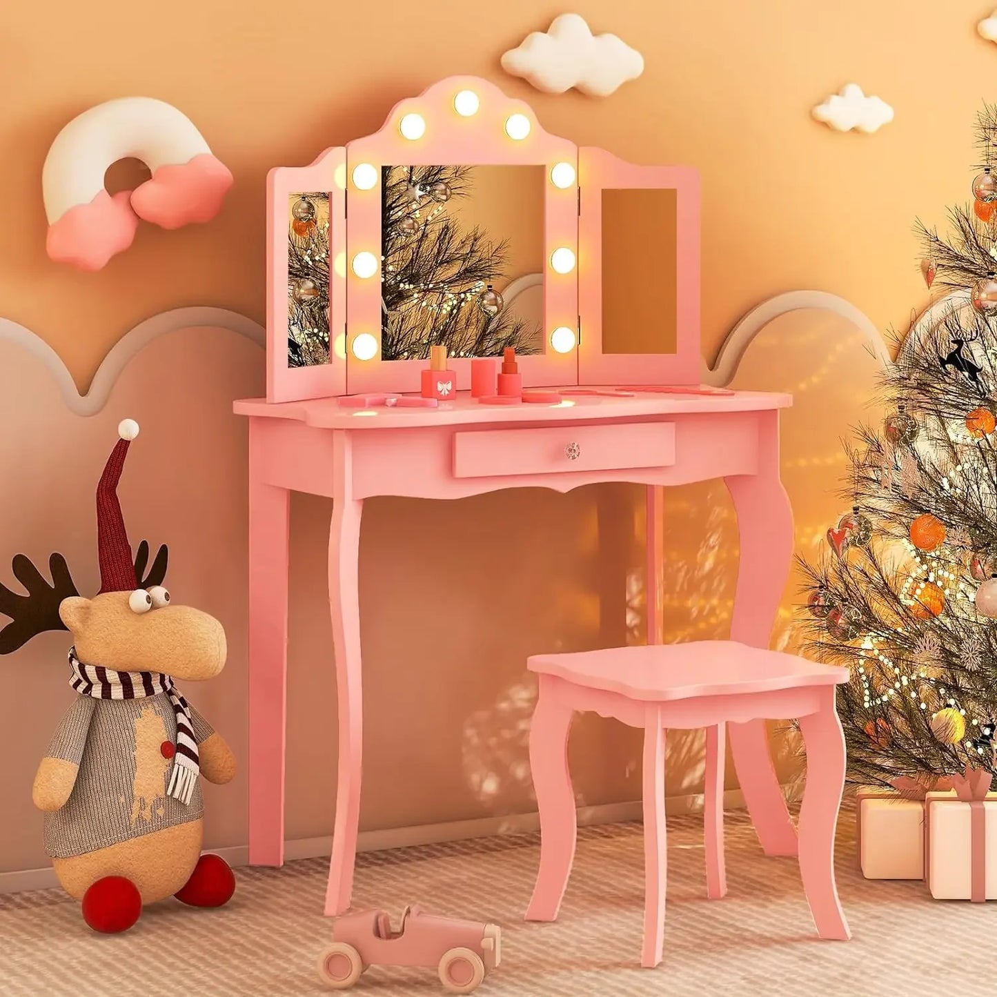 Guangbai Kids Vanity Set With Mirror And Lights Princess Desk