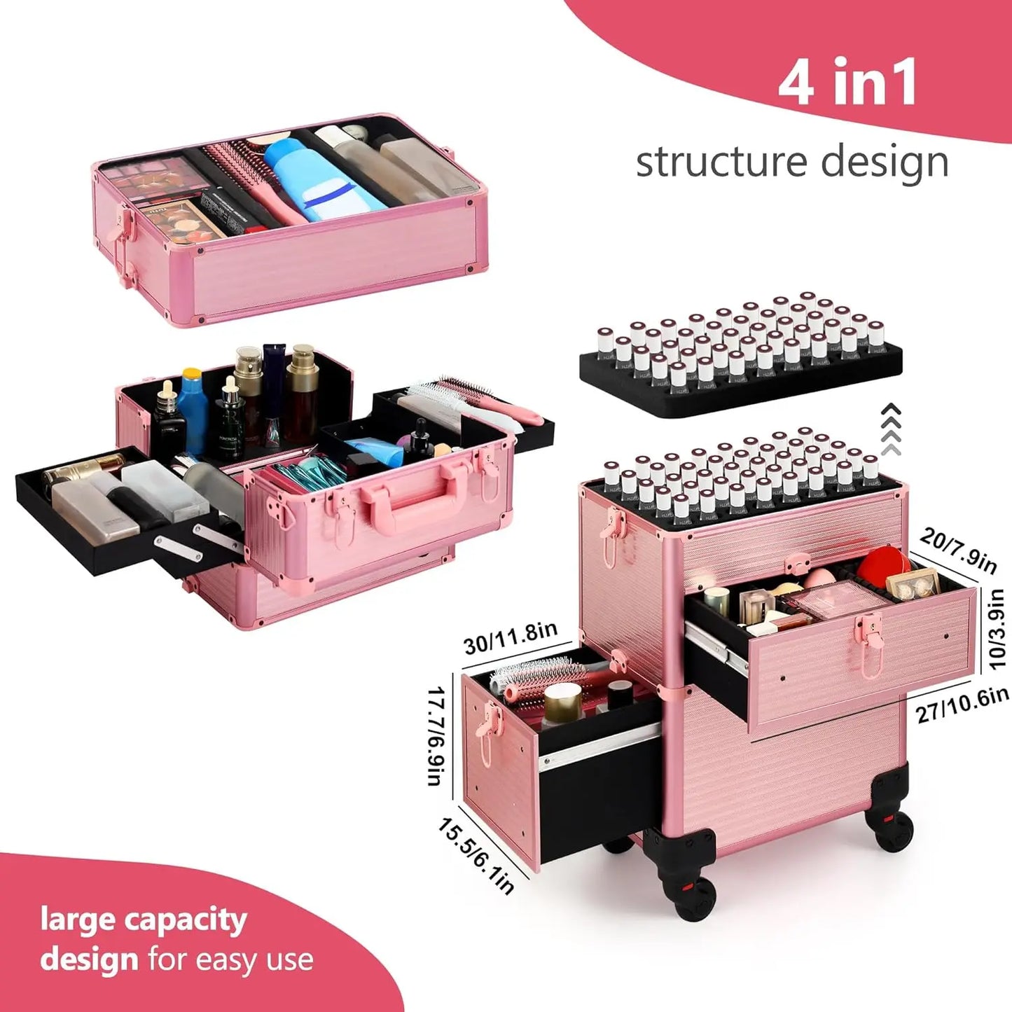 XMSJ Rolling Makeup Case On Wheels 4 In 1 Professional