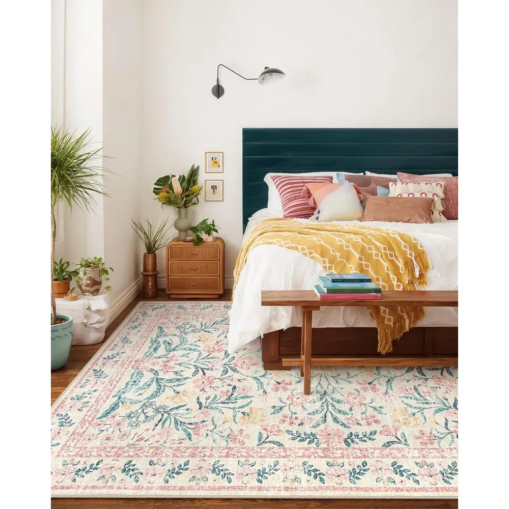 XMSJ Floral Area Rug Soft Boho Washable Non Slip Low Pile Indoor Carpet For Living Room And Bedroom