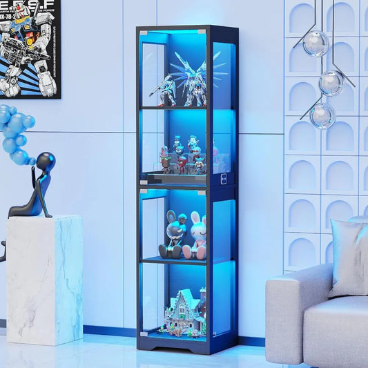 XMSJ Glass Display Cabinet 4 Tier Curio Illuminated Doors