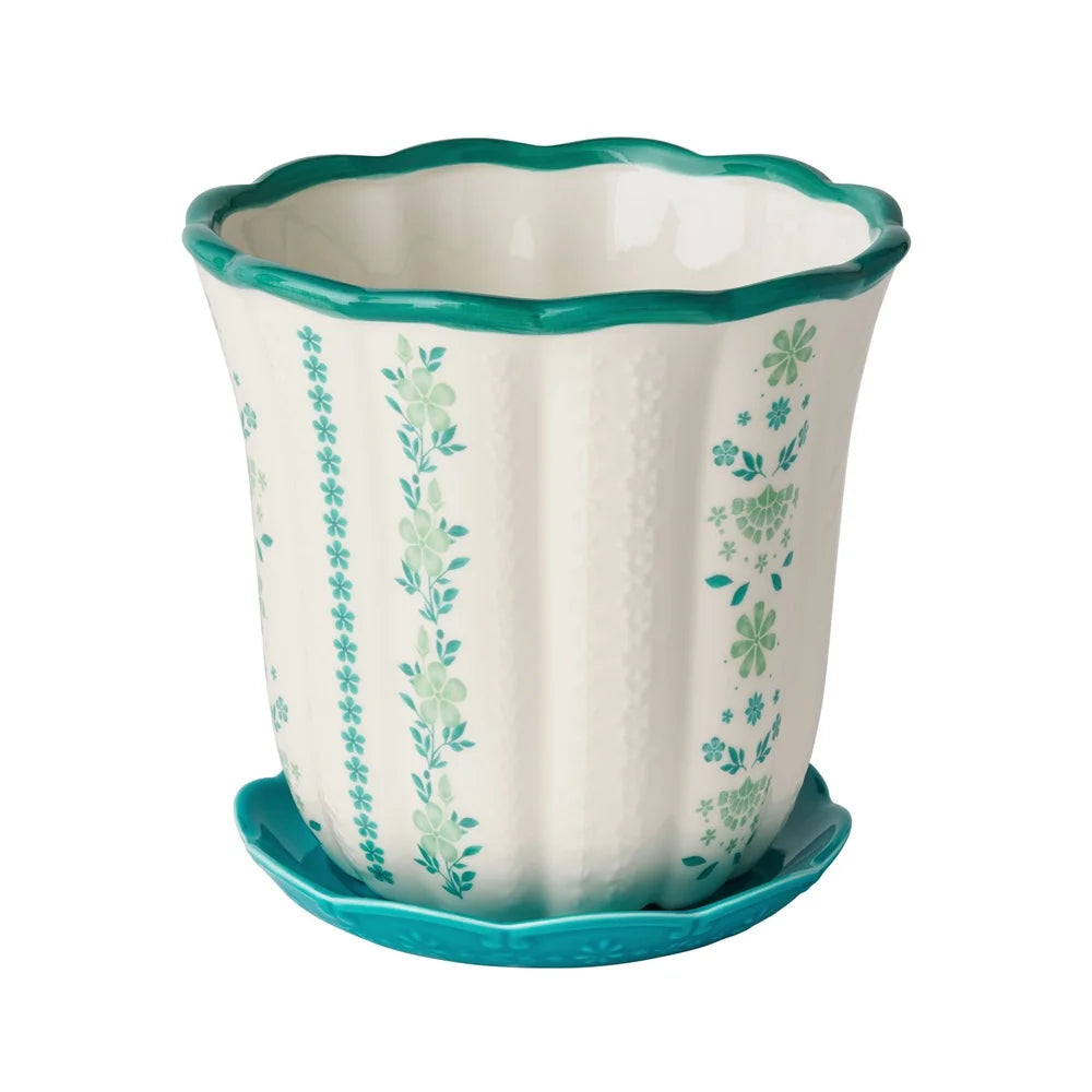 Ceramic Scallop Planter With Floral Pattern For Indoor Outdoor Use
