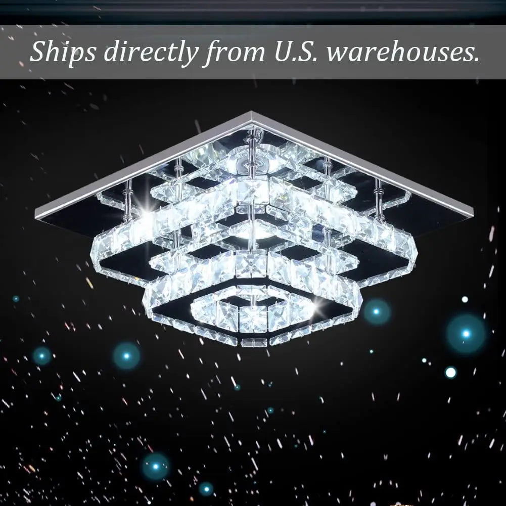 FRIXCHUR Crystal Flush Mount LED Ceiling Light With Stainless Steel Mirror Base