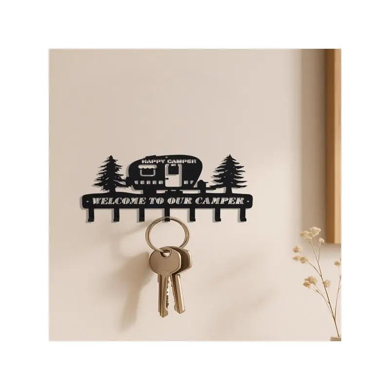 Rustic Metal Camper Key Holder With 7 Hooks And Pine Tree Design Wall Decor