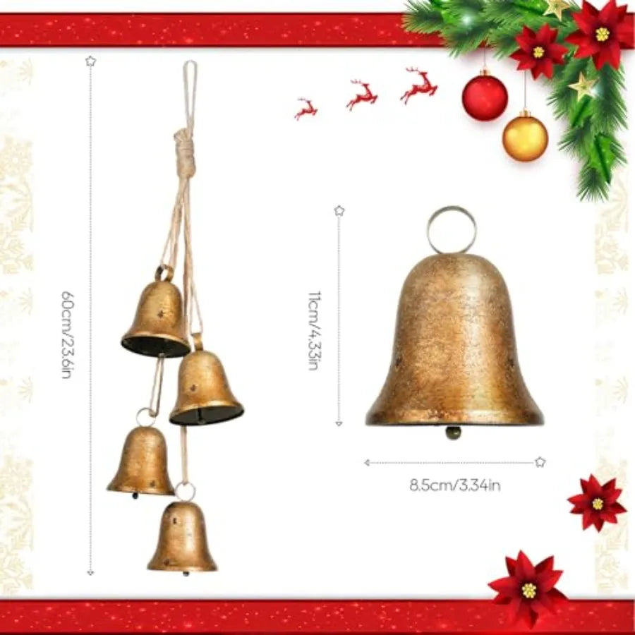 Vintage Christmas Gold Cow Bells Set Of 4 Hanging Brass Bells With Jute Rope Decor