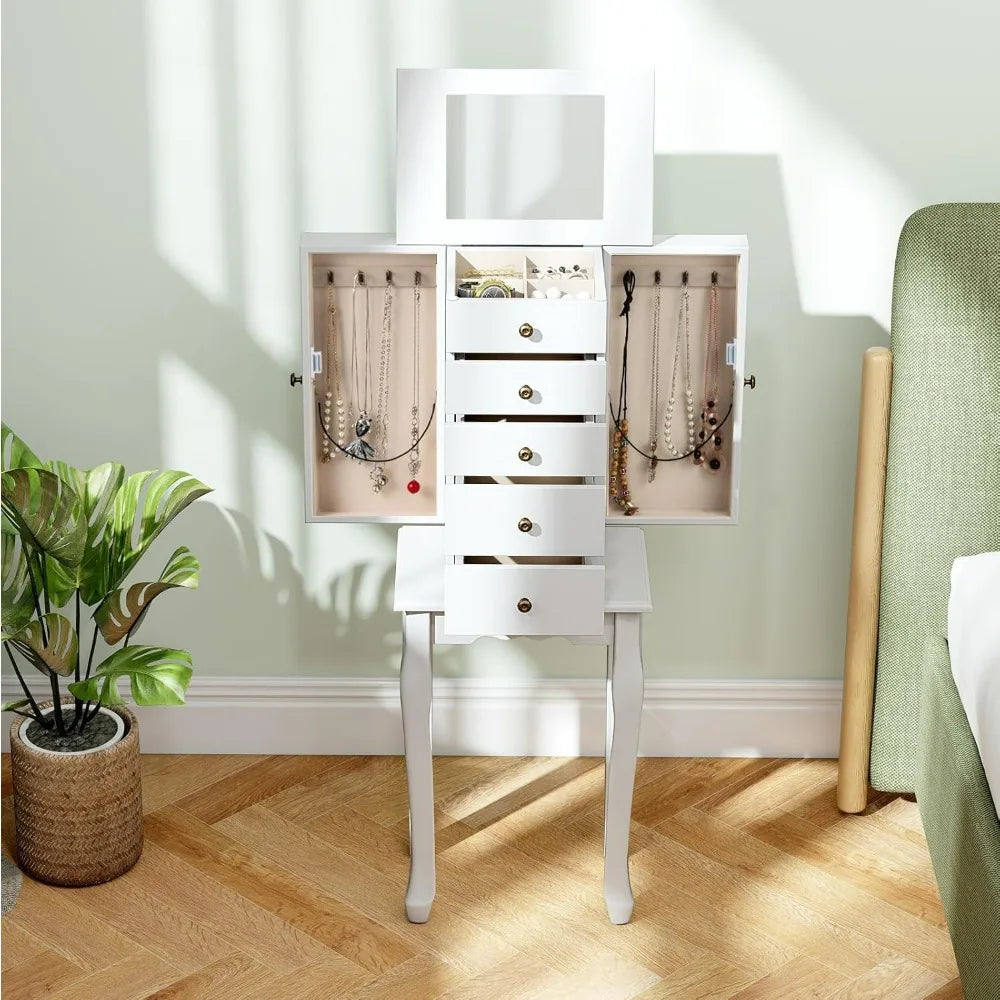 Standing Jewelry Armoire Cabinet 4 Drawers And Flip Top Mirror