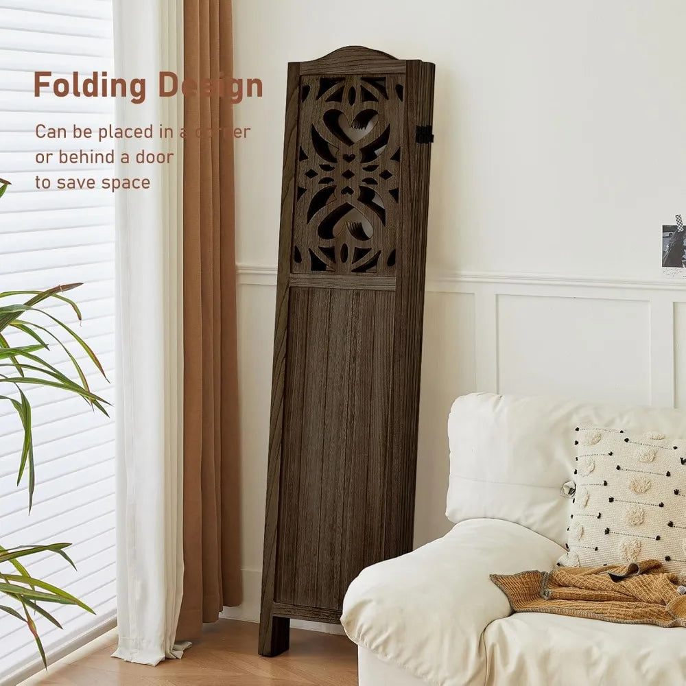 Wood Freestanding Room Divider Carved Folding Privacy