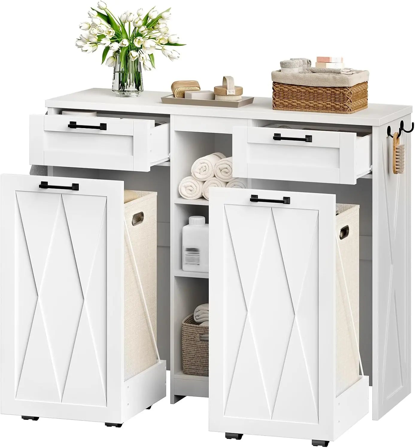 Laundry Hamper Cabinet With 2 Drawers And Removable Baskets