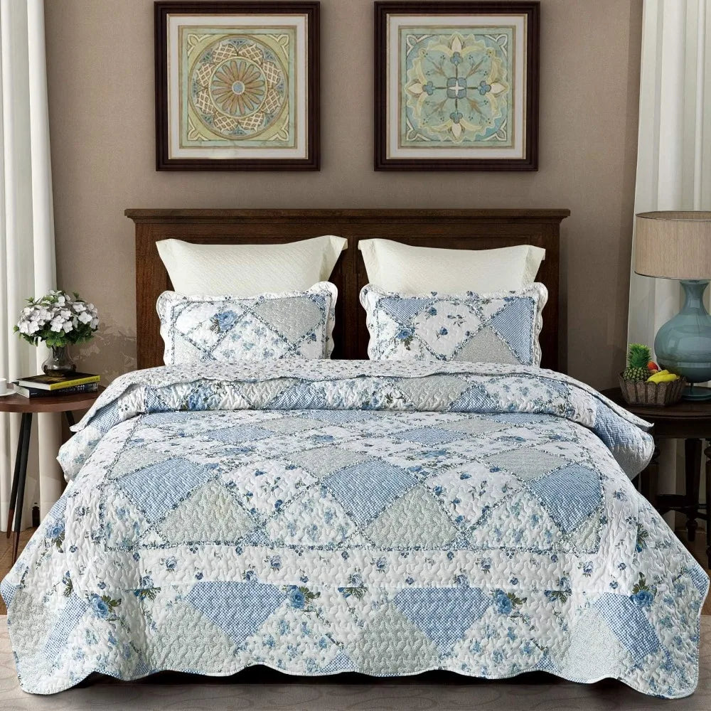 Made In USA Floral Patchwork Quilt Set Cotton Bedspread