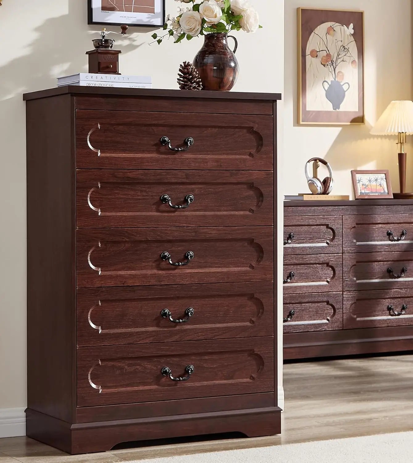 Dresser for Bedroom Farmhouse Cherry Wood Chest of Drawers for Bedroom Dresser, Rustic Wide Drawers Dressers