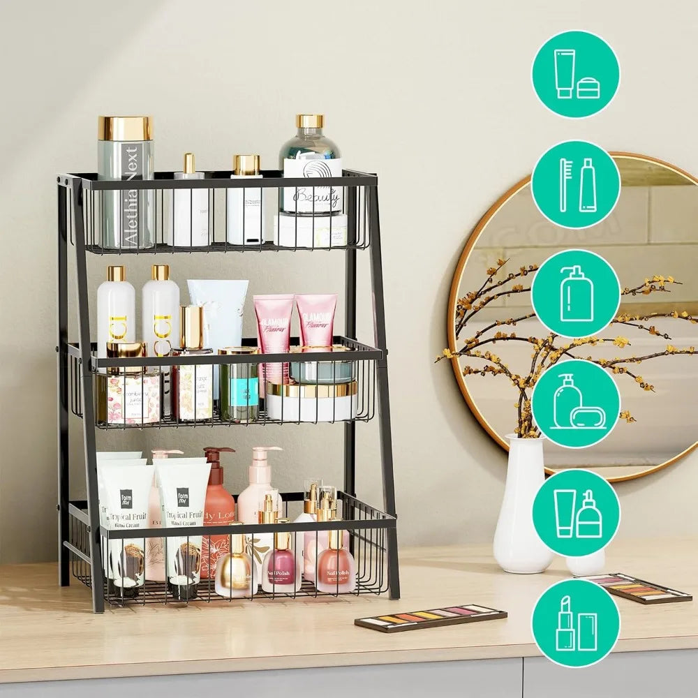 Three Tier Fruit Basket With Four Banana Hooks Metal Wire