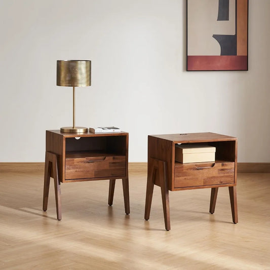 XUYUAN Solid Wood Nightstand With Charging Station Modern