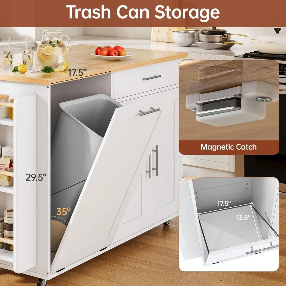 Mobile Kitchen Island On Wheels With Trash Can Spice Rack