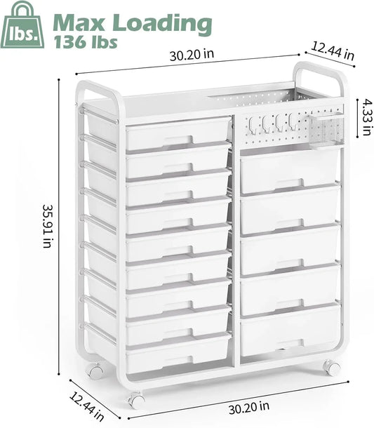 14 Drawer Rolling Cart With Tabletop And DIY Pegboard Office