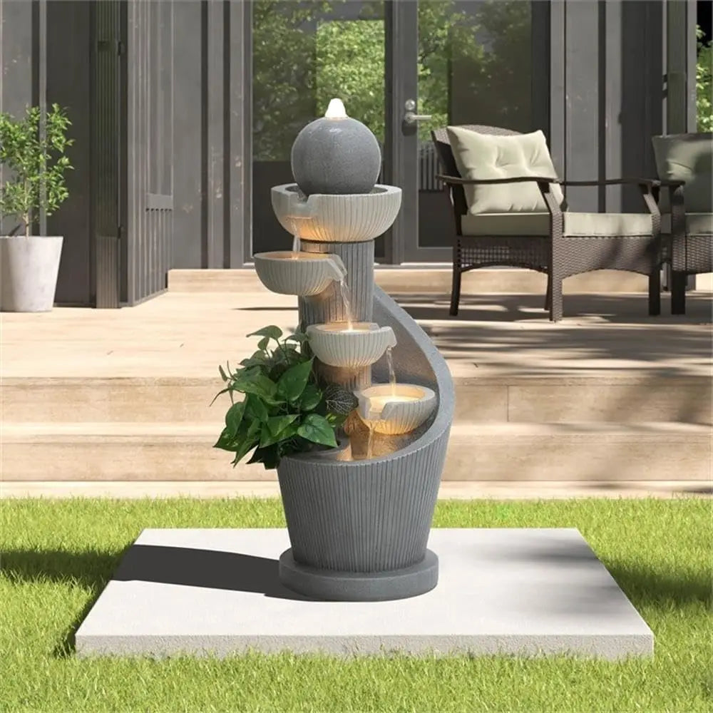 Outdoor Water Fountain Resin Cascading With LED Lights Modern Garden
