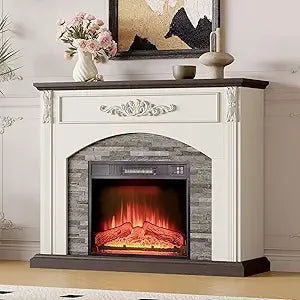 Farmhouse Style TV Stand With Electric Fireplace And Stone Surround
