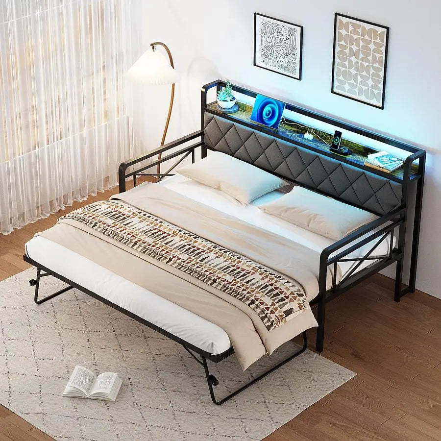 Twin Daybed With Popup Trundle And LED Charging Station Upholstered
