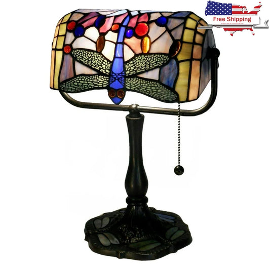 XMSJ Banker Desk Lamp Dragonfly Glass Shade Adjustable