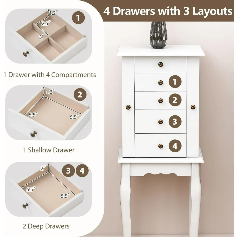 Standing Jewelry Armoire Cabinet 4 Drawers And Flip Top Mirror