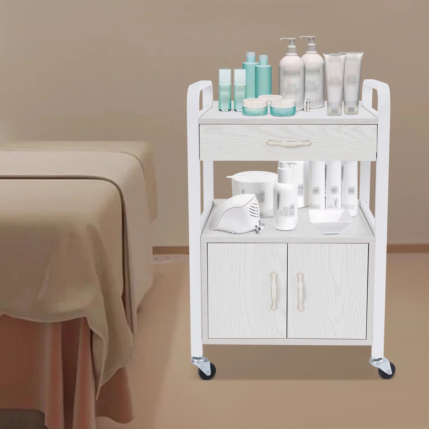 Bymaocar Salon Wood Panels Storage Cart Free Standing Organizer