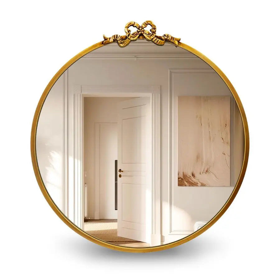 Round Bow Mirror With Ornate Baroque Style Metal Wall Decor