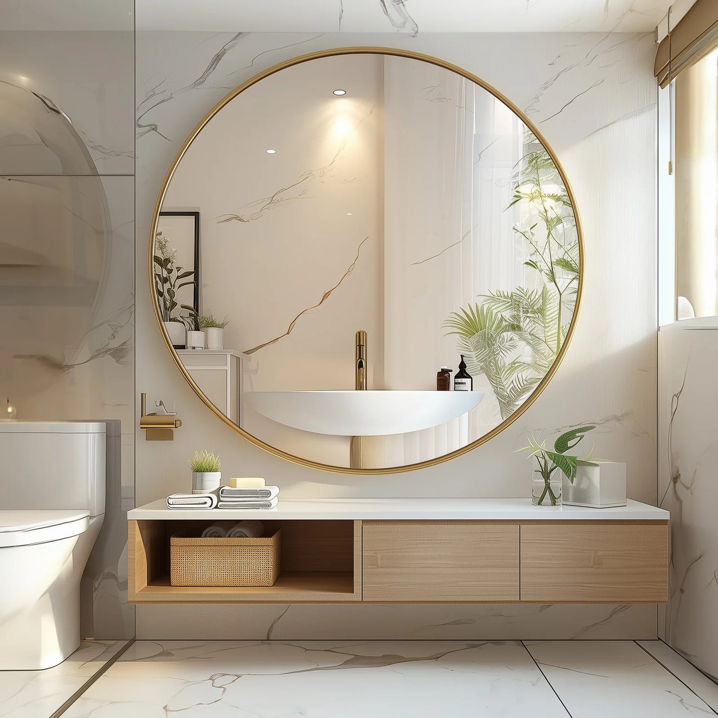 JHK Round Vanity Mirror With Matte Metal Frame For Wall