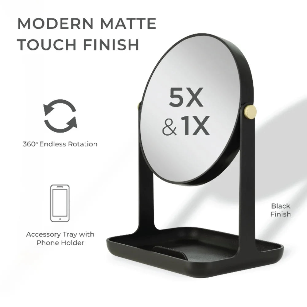 Dual Sided Vanity Mirror With 5X 1X Magnification Phone Holder