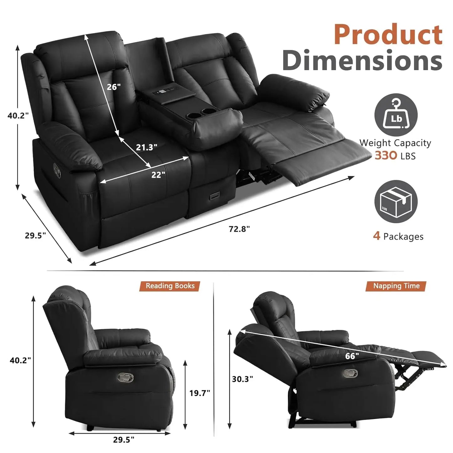 Loveseat Recliner Sofa With Console And Cup Holders Removable Cushions