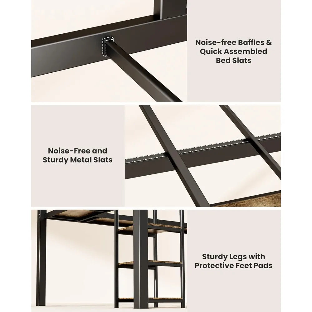 ZHUOTING Loft Bed With Desk And Open Shelves Heavy Duty Metal