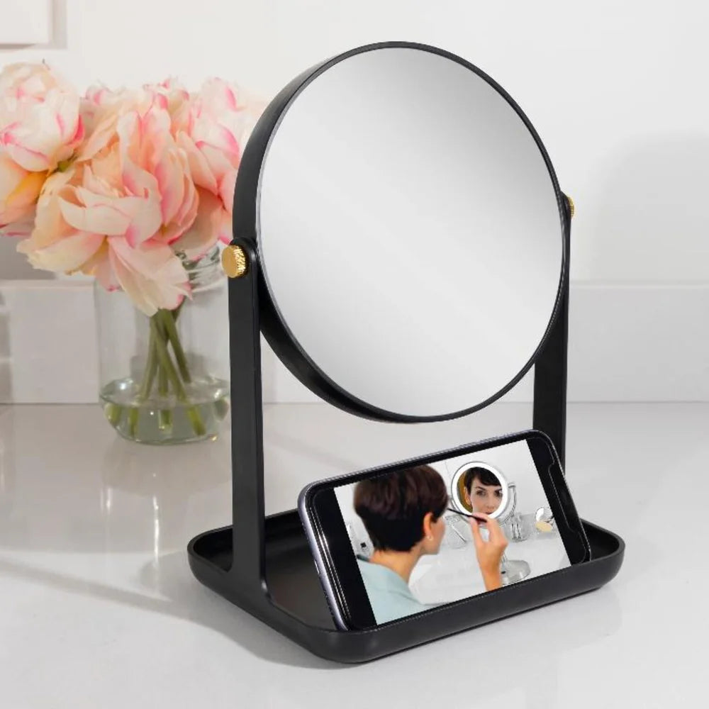 Dual Sided Vanity Mirror With 5X 1X Magnification Phone Holder